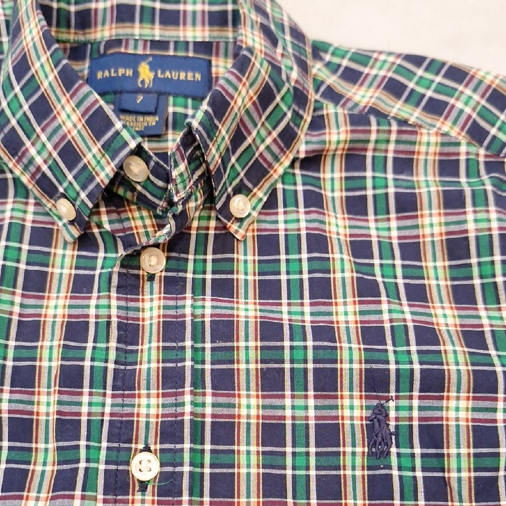 Ralph Lauren Boys Button Down Plaid Tartan Shirt Sz 7 Preppy Navy Green